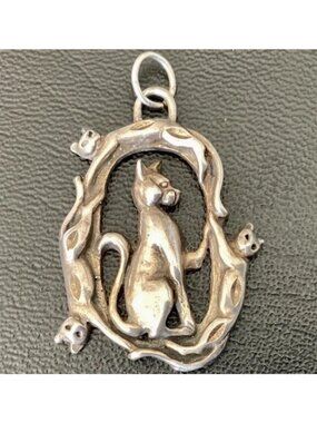 Cat Wreath Pendant Signed Marsala 925 Sterling Silver Multi Cat Openwork Circle